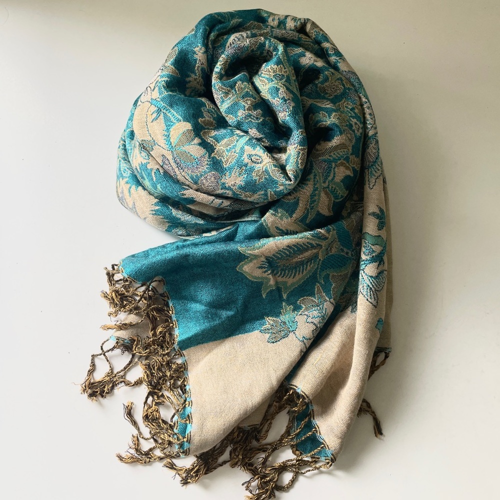 PASHMINA Silk Blend Paisley Boho Scarf Shawl Coastal Grandmother Wrap Teal Gold